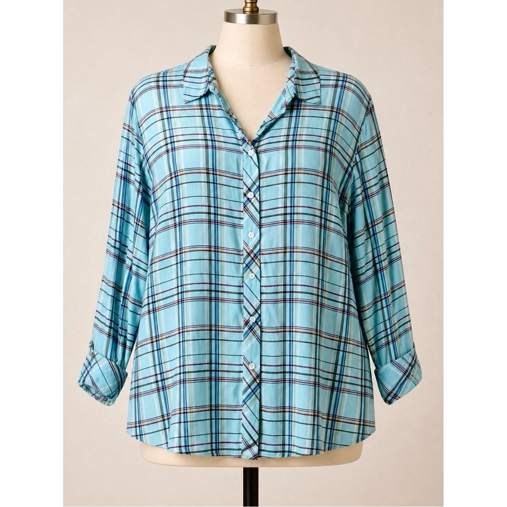TALBOTS Plus Size Button Up Shirt 2X Lightweight Cotton Long Sleeve Plaid Casual